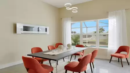Modern dining area with large windows and stylish orange chairs.