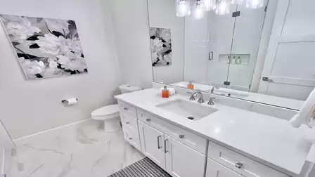 Bright guest bathroom with large shower, toilet, and wide vanity.