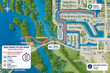 Illustrated map showing boat route from canals to river with landmarks and bridge
