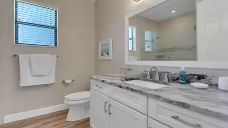 Modern bathroom with large walk-in shower, sink and WC