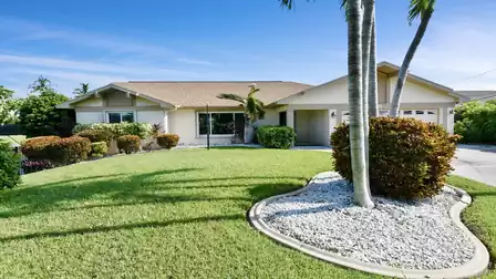 Well-kept home with palm trees and a tropical front yard under a bright blue sky