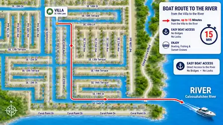 Marked boat route from the villa to open water. The Caloosahatchee River is just minutes away.