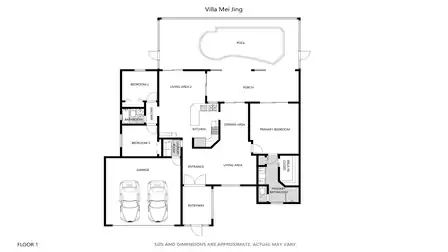 Floor plan of Villa Mei Jing with 3 bedrooms, 2 baths, garage, and pool.