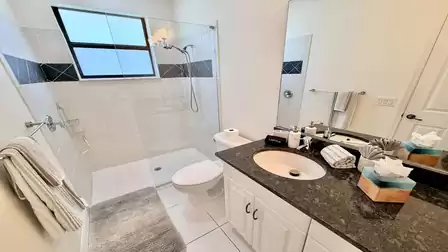Bright bathroom with walk-in shower, glass screen, granite vanity and natural daylight window.