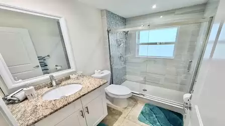Modern bathroom with walk-in glass shower, granite vanity and toilet