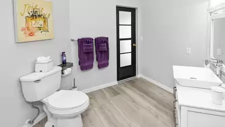 Modern pool bathroom with direct access to the pool for quick refresh after swimming
