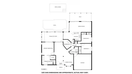 Floor plan of the villa Talita showing bedrooms, pool, deck, living areas and garage