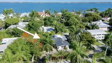 Aerial view of River District Retreat in Fort Myers, ideally located near the Caloosahatchee River and historic River District.