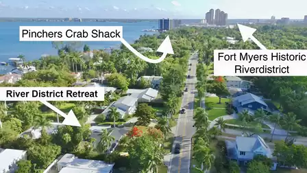 Aerial view of River District Retreat near the historic River District and Caloosahatchee River in Fort Myers.