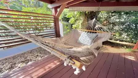 Cozy hammock on the covered terrace, surrounded by lush tropical greenery