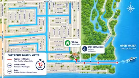 Illustrated neighborhood map highlighting villa location, canals and boat route to open water