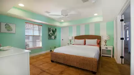 Bedroom with wicker bed, striped mint accent wall, ceiling fan and window blinds