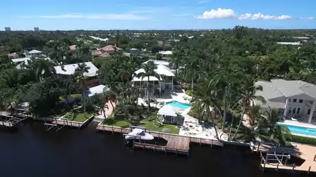 Aerial canalside houses with docks, freeform pool, gazebo and tall palm trees