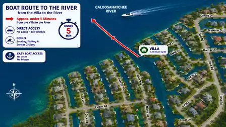 Illustrated canal map showing villa location and five minute boat route to Caloosahatchee River