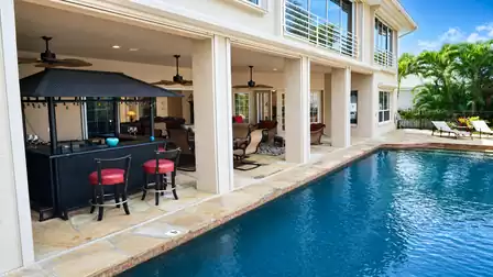 Fantastic view from the pool to the covered outdoor area, which invites you to linger