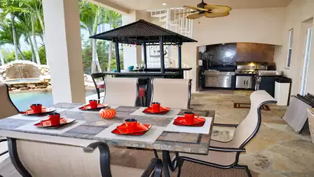 The spacious covered patio is perfect for outdoor dining