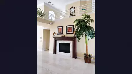 The fireplace creates a cozy atmosphere