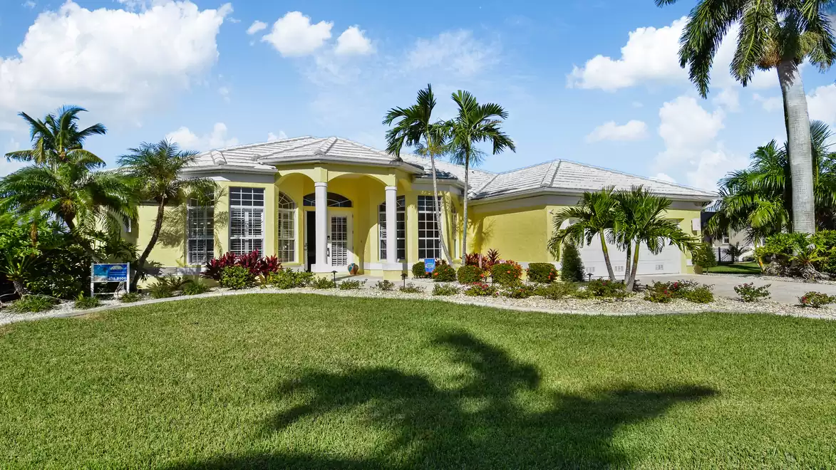 Well-kept front garden with large palm trees