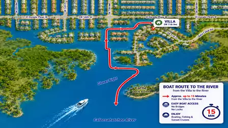 Illustrated boat route map from villa through Glover Bight to Caloosahatchee River