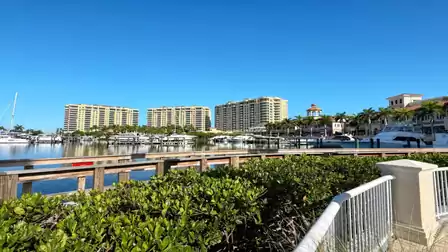 Waterfront marina with yachts, wooden railing, hedges and tall condominium buildings