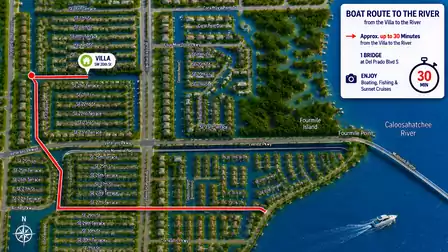 Map showing canal boat route from villa to Caloosahatchee River with red line