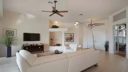 Contemporary furnishings are on display in the living room