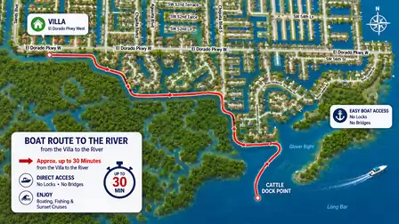 Illustrated canal map with marked boat route from residential area to river