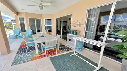The covered patio is ideal for leisurely meals together