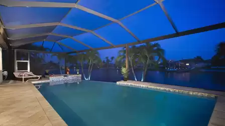 The spacious patio includes several sitting areas