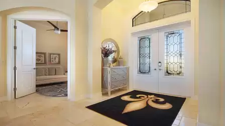 The contemporary furnishings start in the foyer