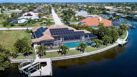 Aerial view of the boat dock, canal and pool