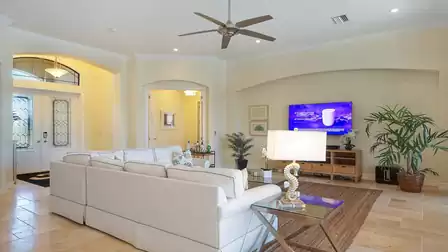 View into the living room and onto the terrace