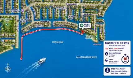 Illustrated map of canals to Caloosahatchee River with marked boat route