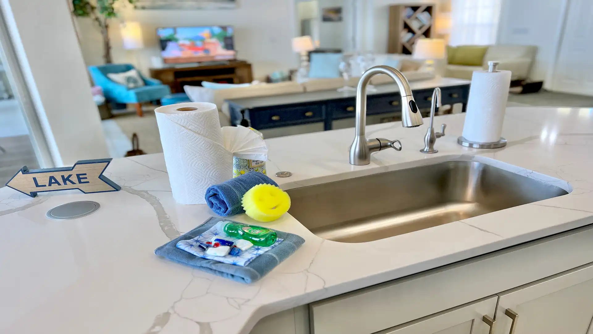 The sink is located in the middle and can be reached from all sides