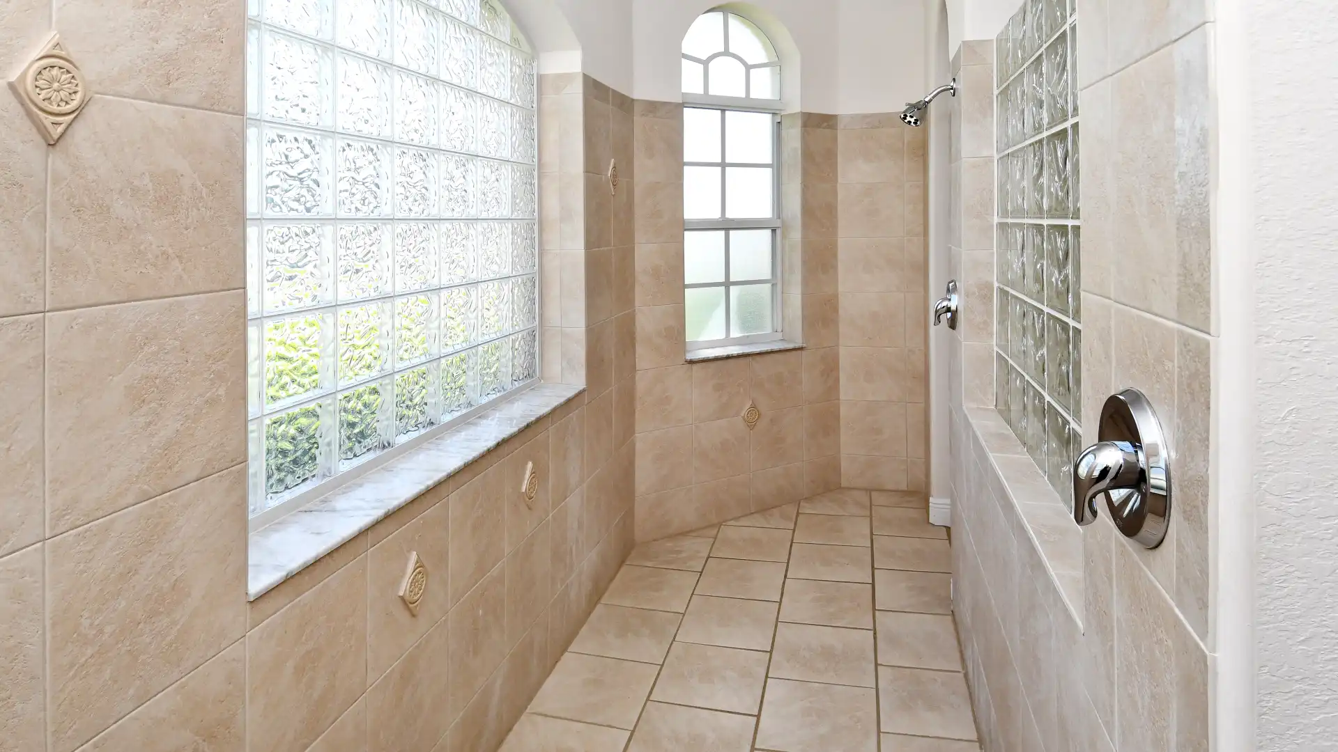 Large walk-in shower also offers space for two