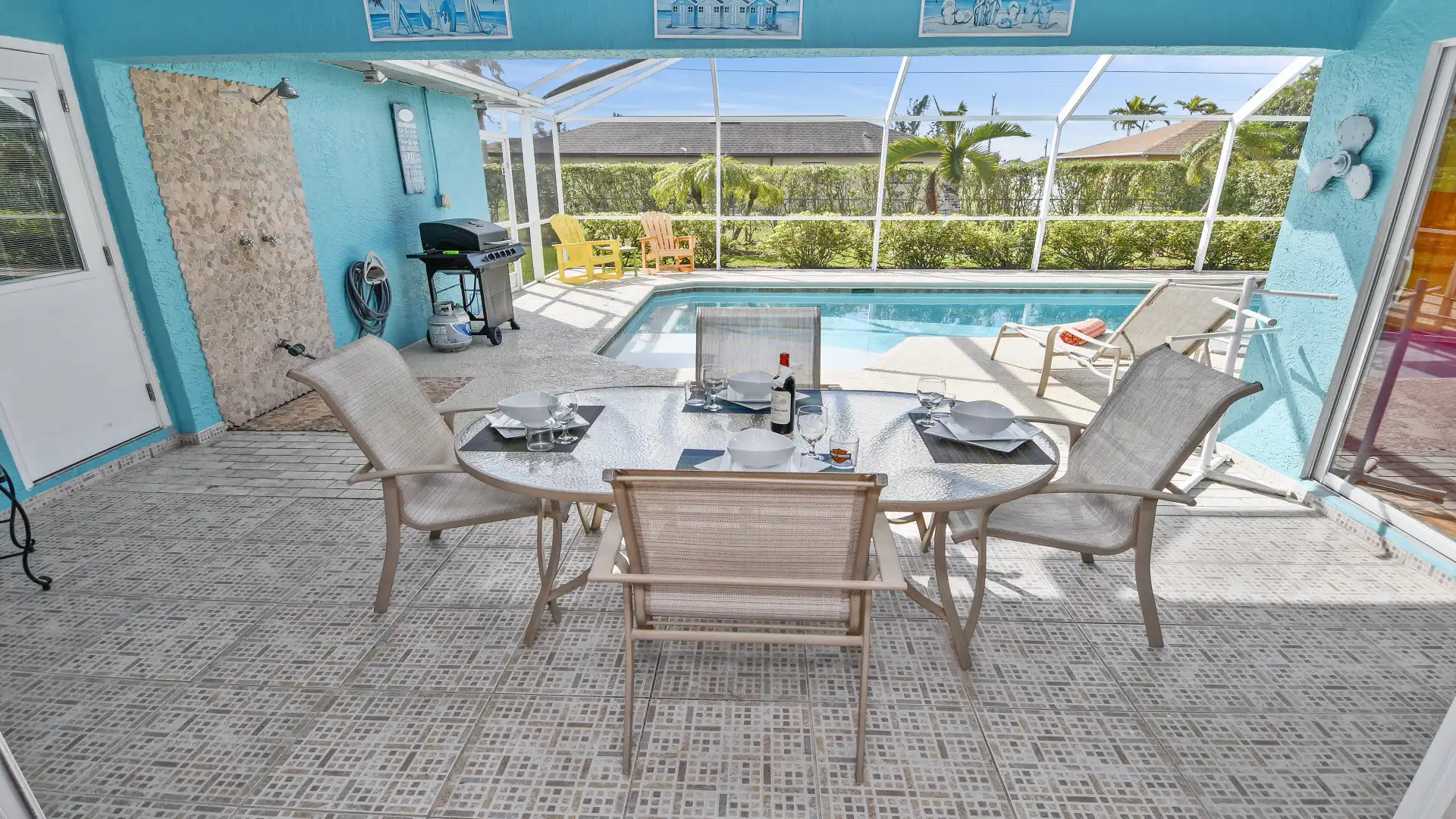 Cozy dining table on the covered terrace for six people