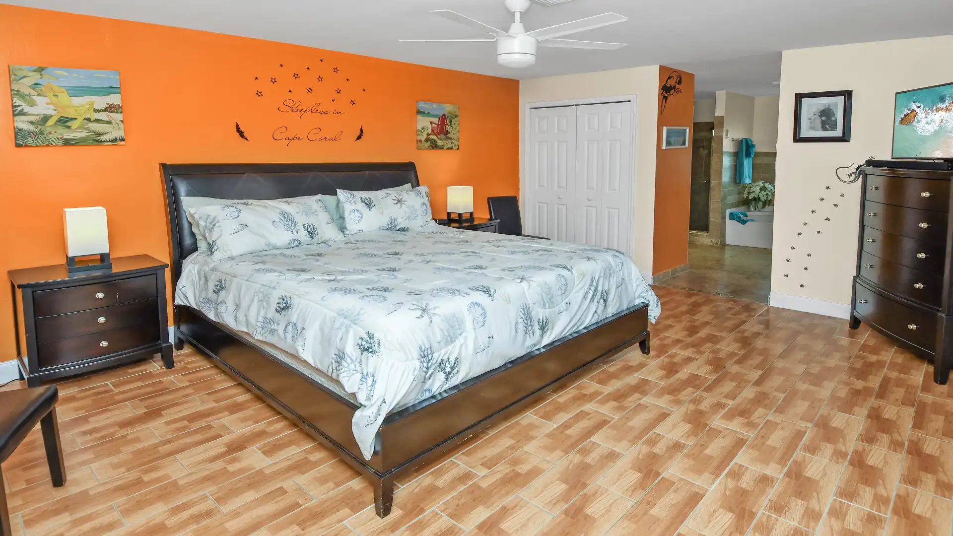 Light-flooded bedroom with oversized double bed