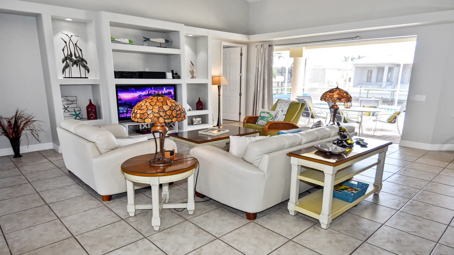 The inviting living room is held in neutral colors