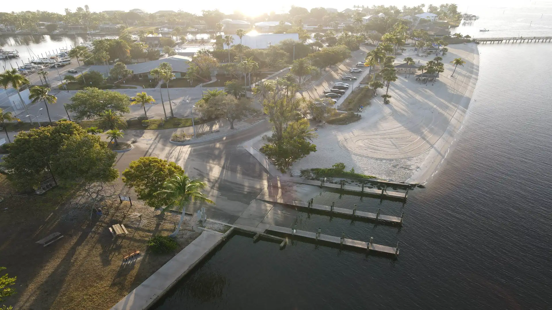 The two boat ramps and behind them the beach 
