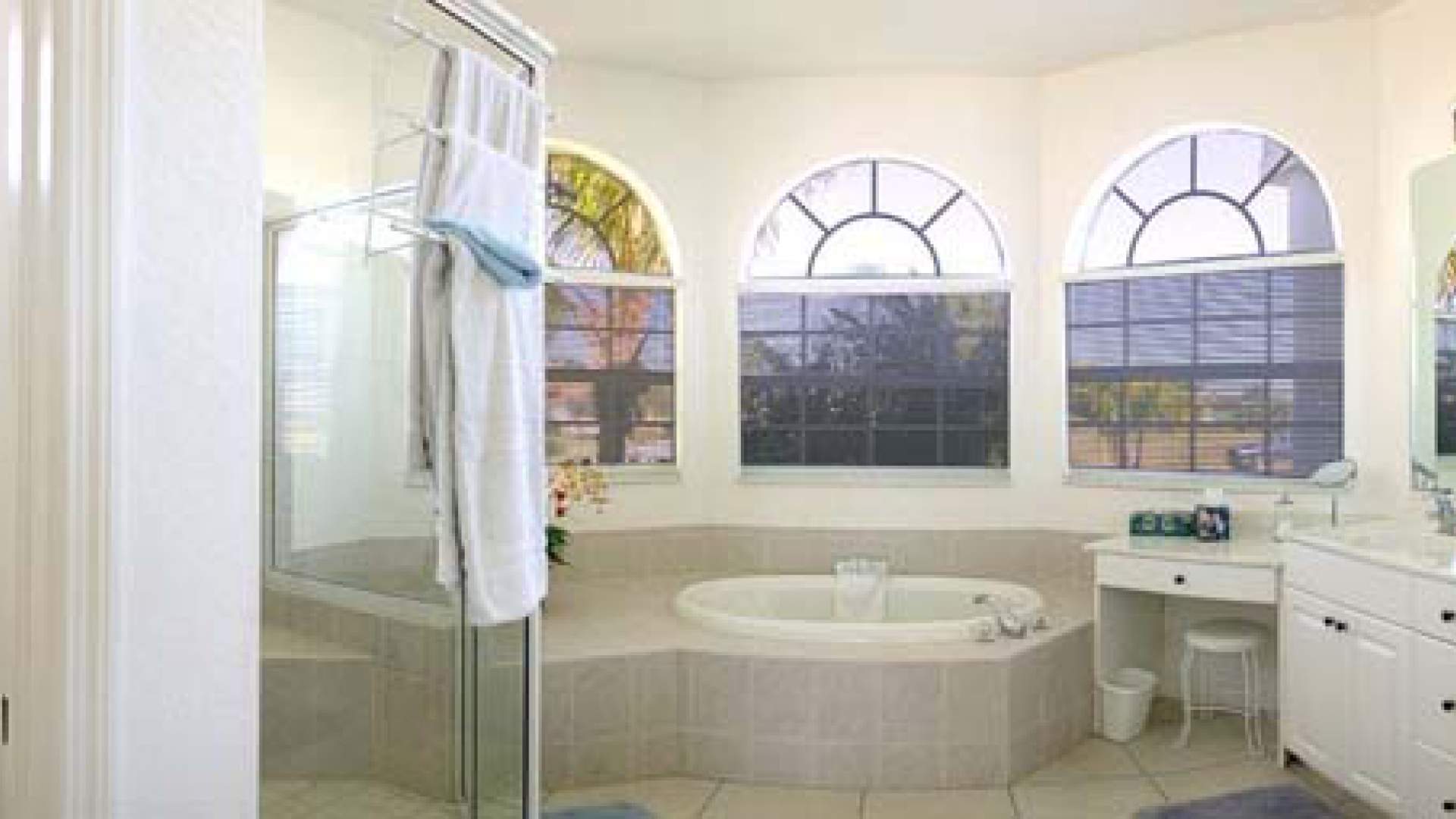 Arched windows allow plenty of light into the master bath