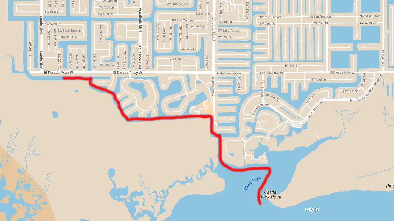 The route with your rental boat from Villa Eldorado to the river