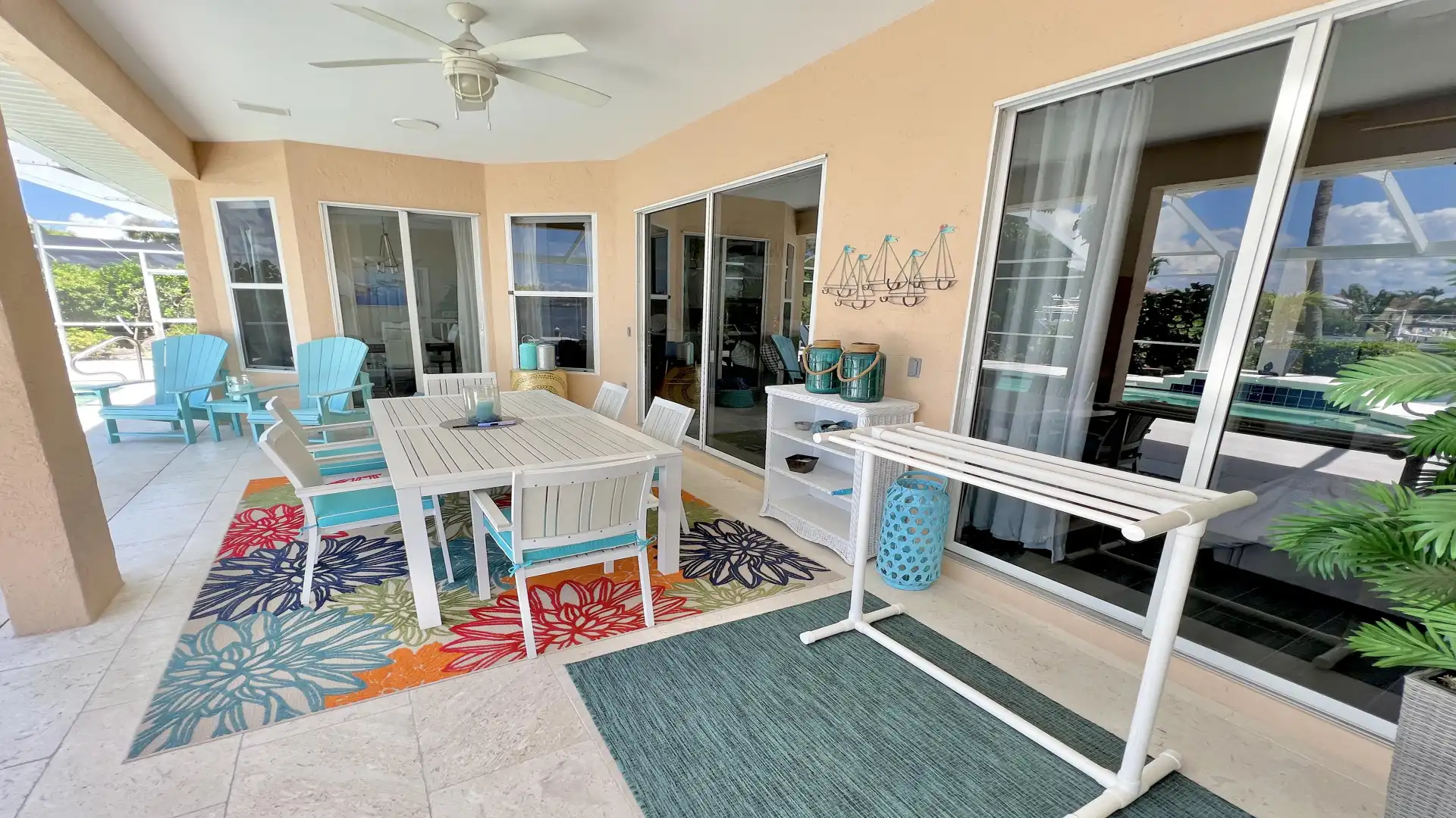 The covered patio is ideal for leisurely meals together
