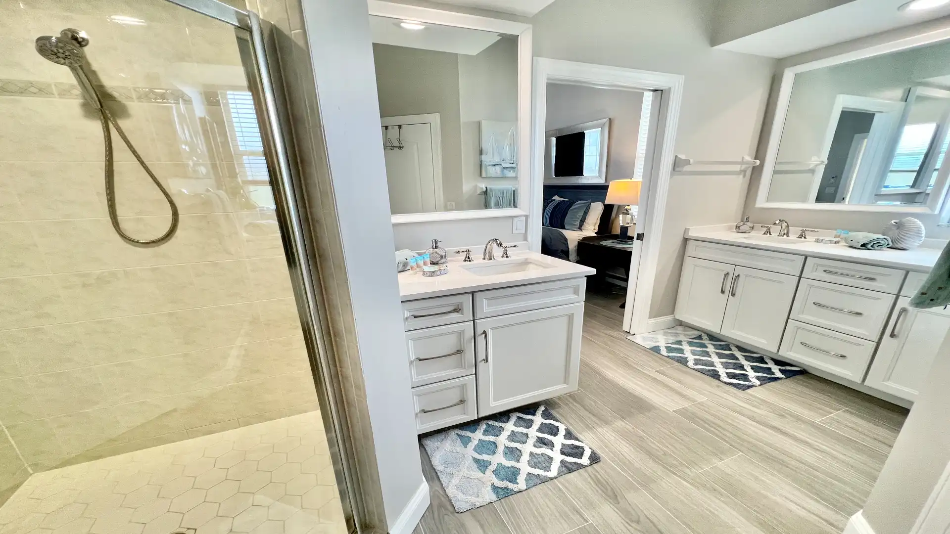 The master bath features a shower and two sinks
