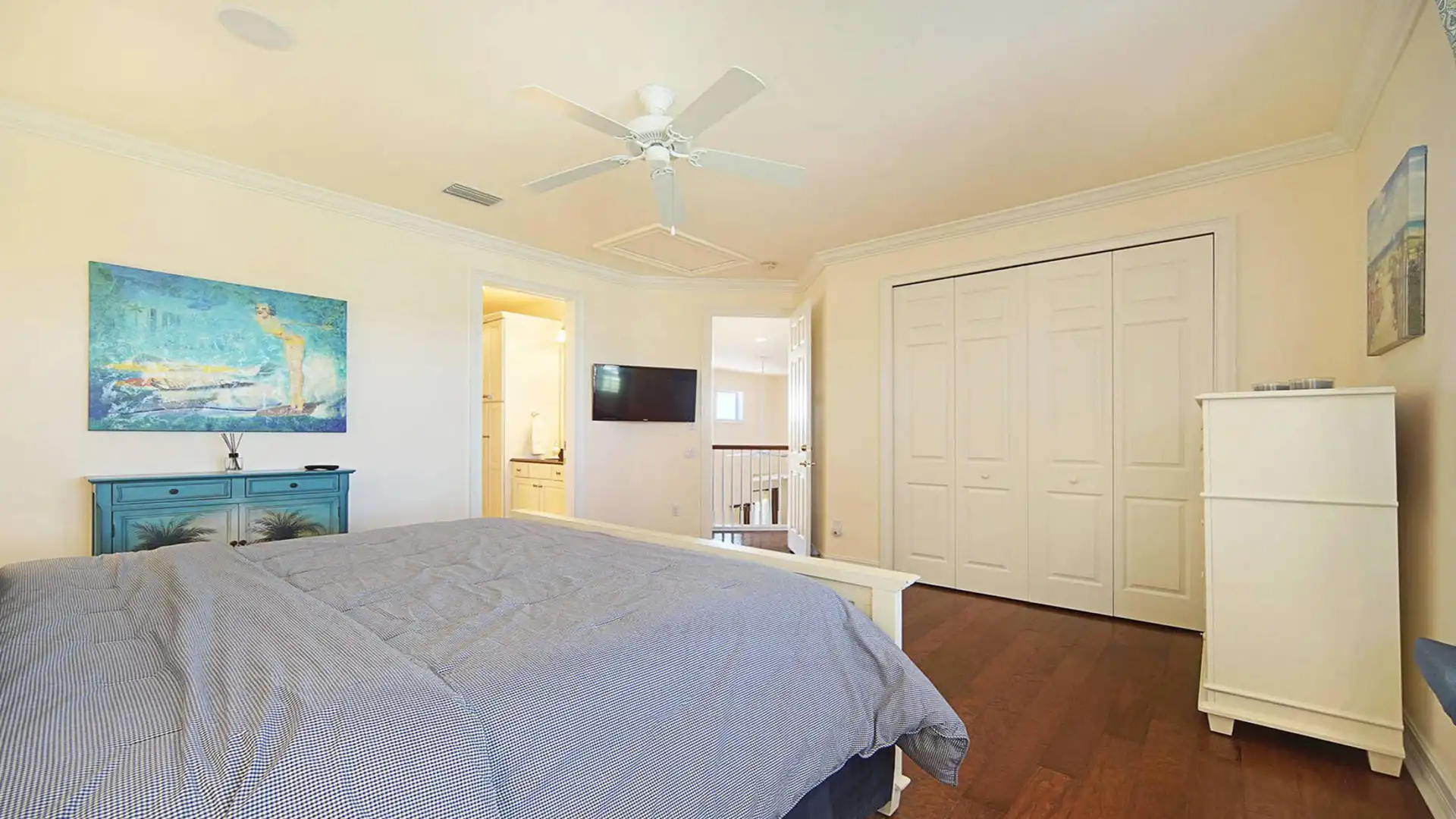 View from the bed towards the hallway and bathroom