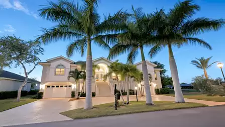 The luxurious property is surrounded by palm trees