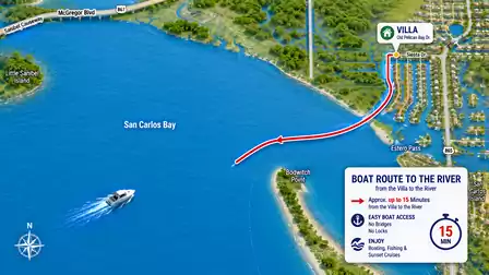 Map showing rental boat route across San Carlos Bay from the villa to the ocean