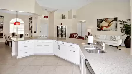 View from the kitchen to the living and dining area